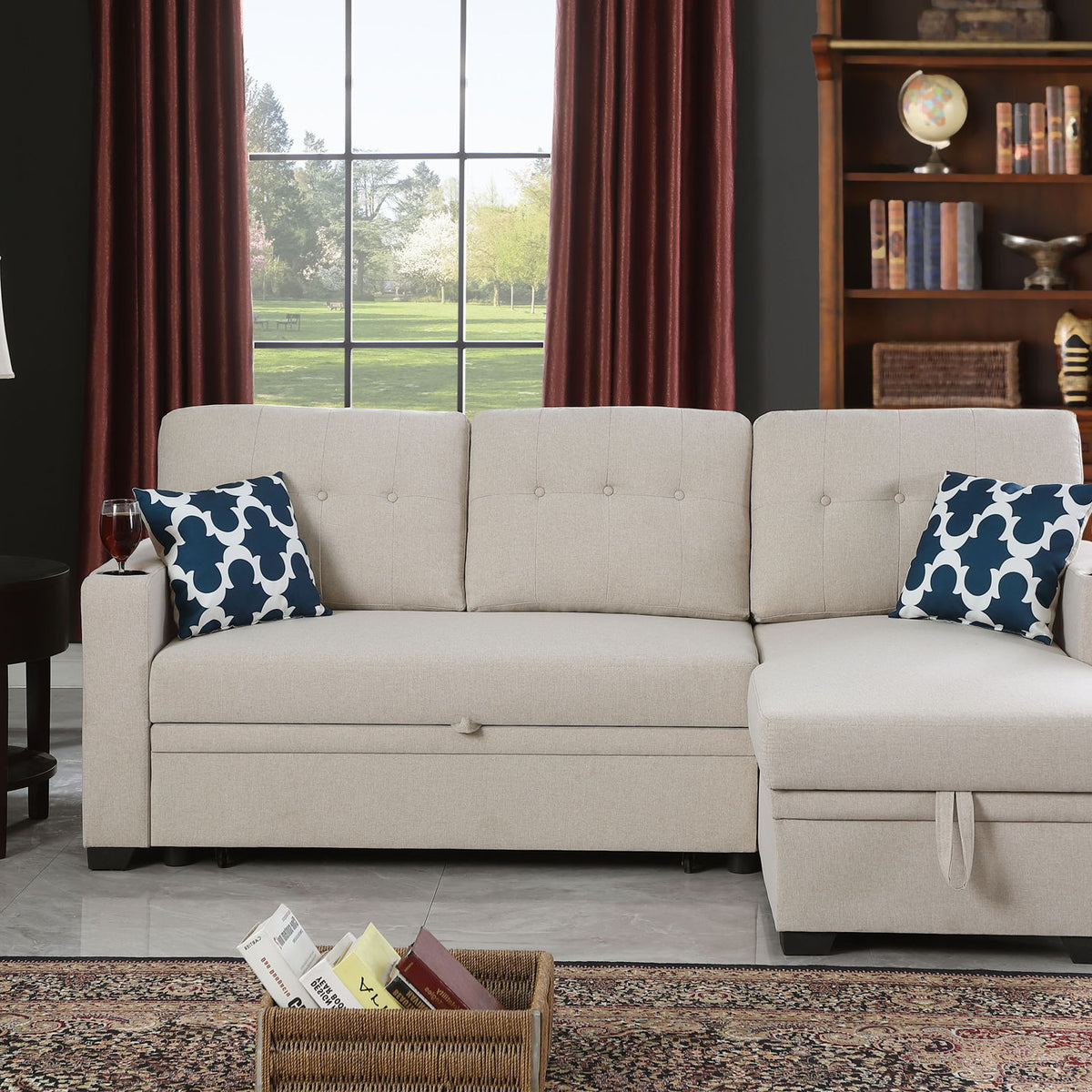 82" Width Sectional With Storage Chaise And Cupholder Armrest