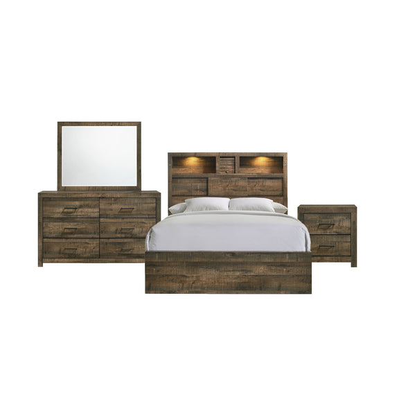 Dark brown bedroom set with bookcase headboard, bed, dresser and mirror, 2 nightstands