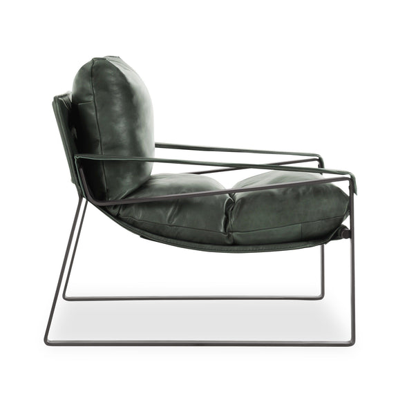 Dark green accent chair showing side profile, padded arms, and metal base frame