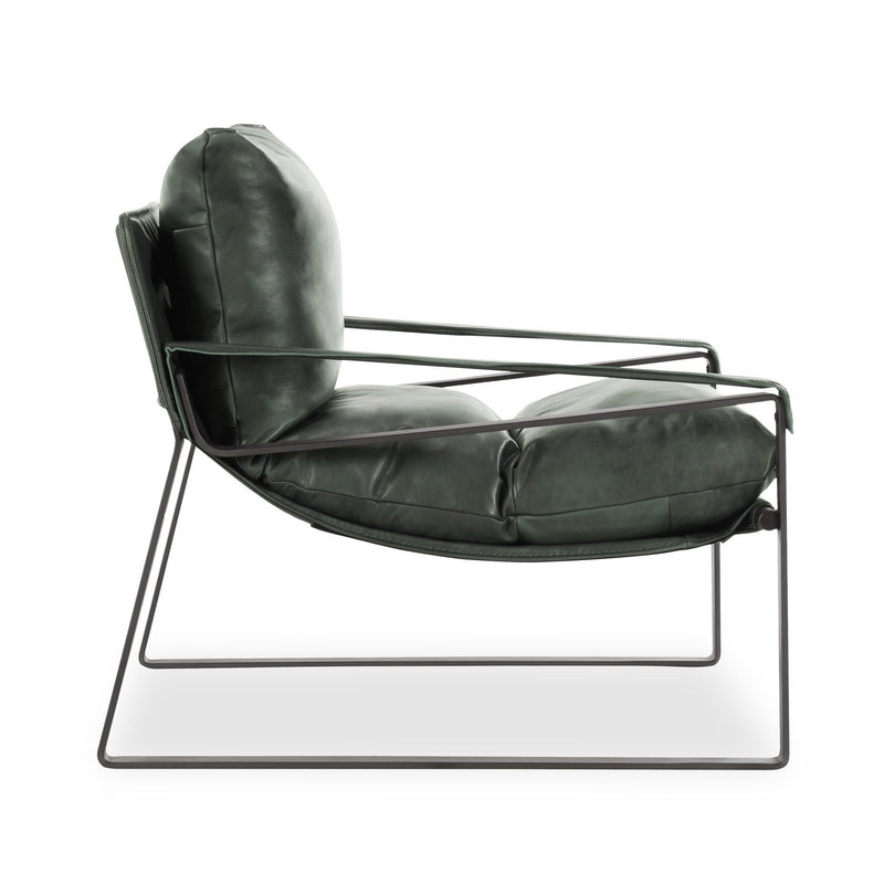 Dark green accent chair showing side profile, padded arms, and metal base frame