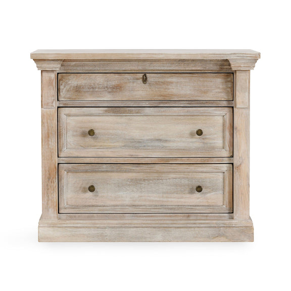 Nightstand with three cream drawers and small round brass-tone pulls
