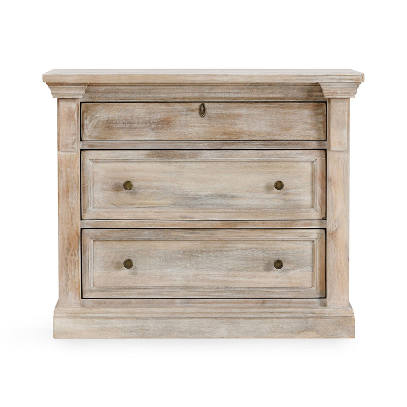 Nightstand with three cream drawers and small round brass-tone pulls