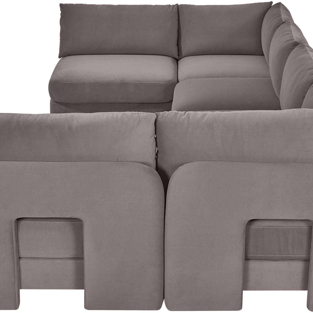 Gray velvet performance U-shaped armless sectional sofa, 6-piece set close-up