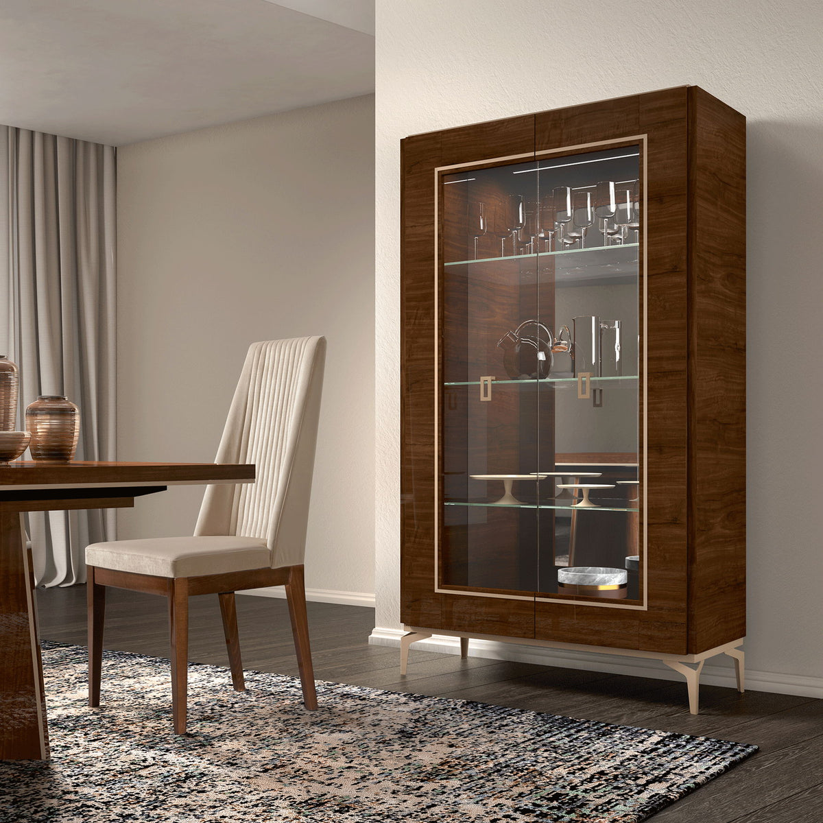 Dark brown two-door china cabinet with glass doors and visible glass shelves