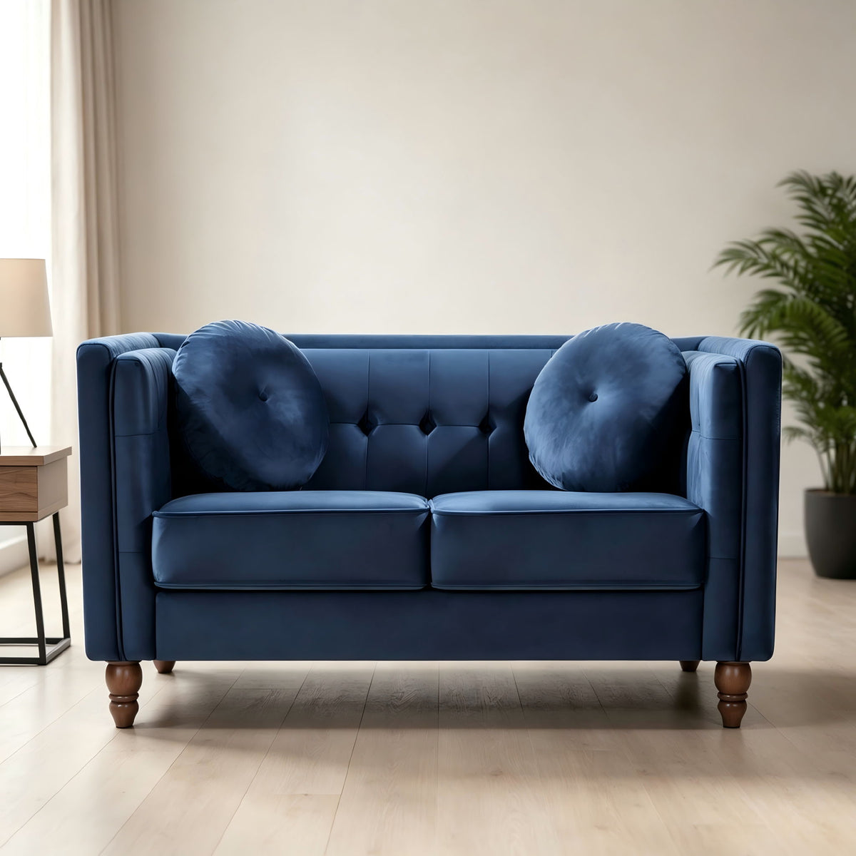 Blue 2-seater velvet loveseat with tufted back and round accent pillows