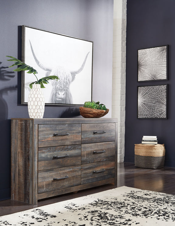 Gray wood-finish dresser with metal bar pulls and large mirror, part of bed set