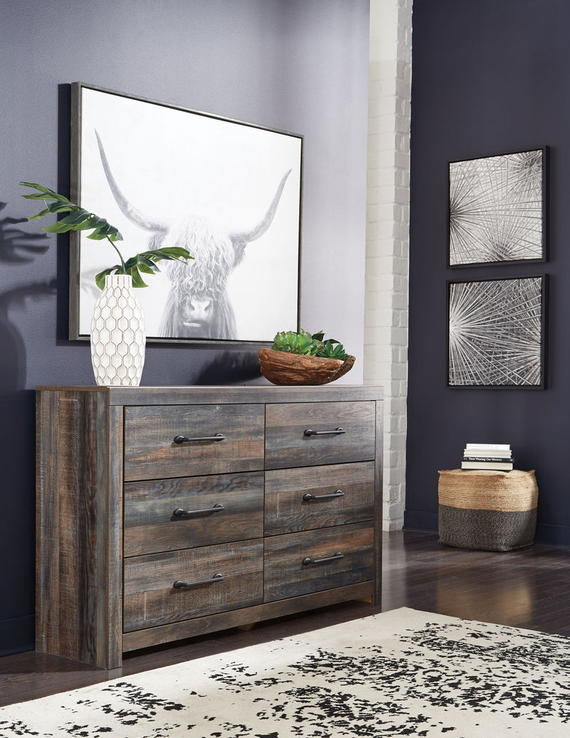 Gray wood-finish dresser with metal bar pulls and large mirror, part of bed set