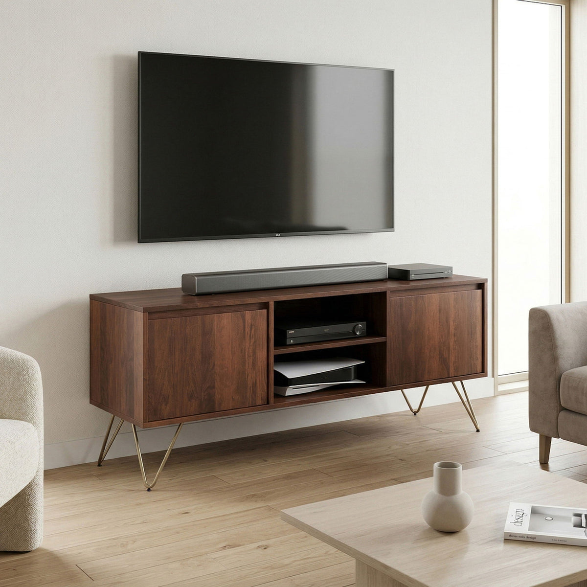 Umber brown TV media stand with two side cabinets, open center shelf, and tapered metal legs