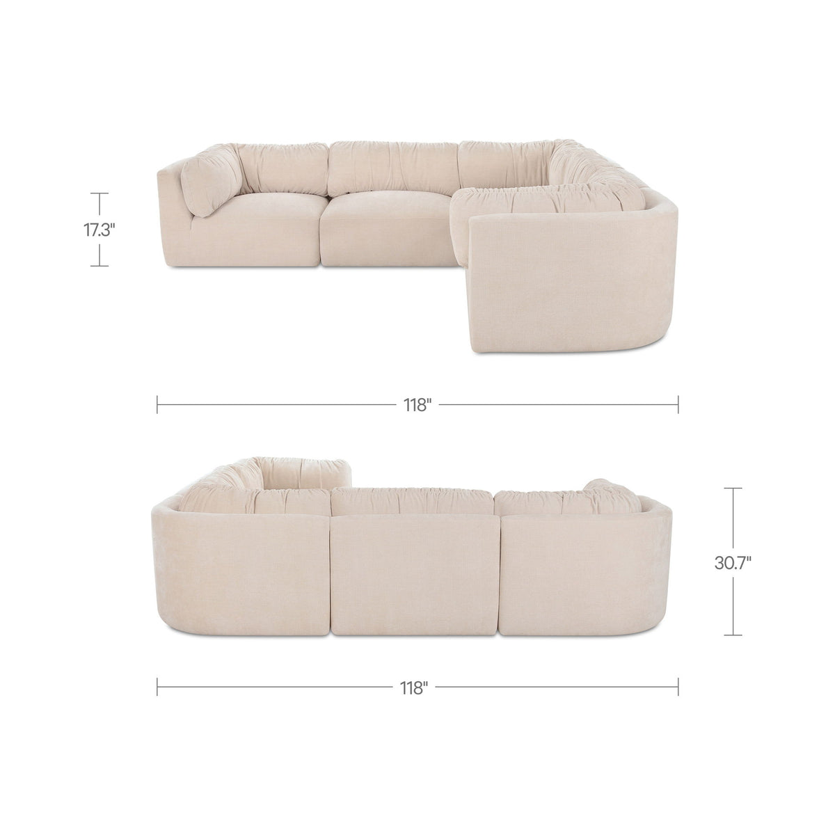 Oatmeal modular sectional sofa with chaise and three seat cushions, low profile
