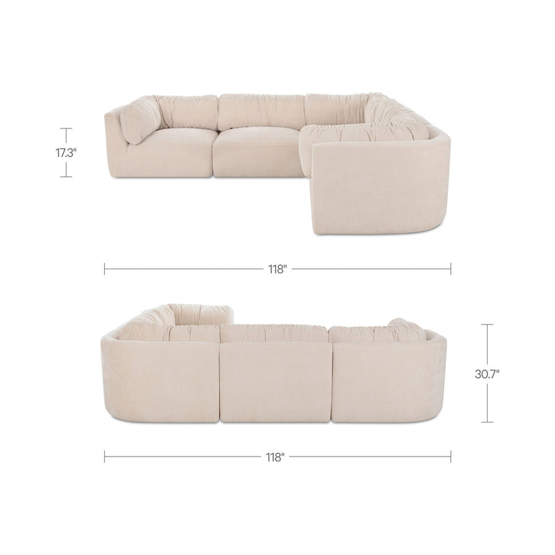 Oatmeal modular sectional sofa with chaise and three seat cushions, low profile