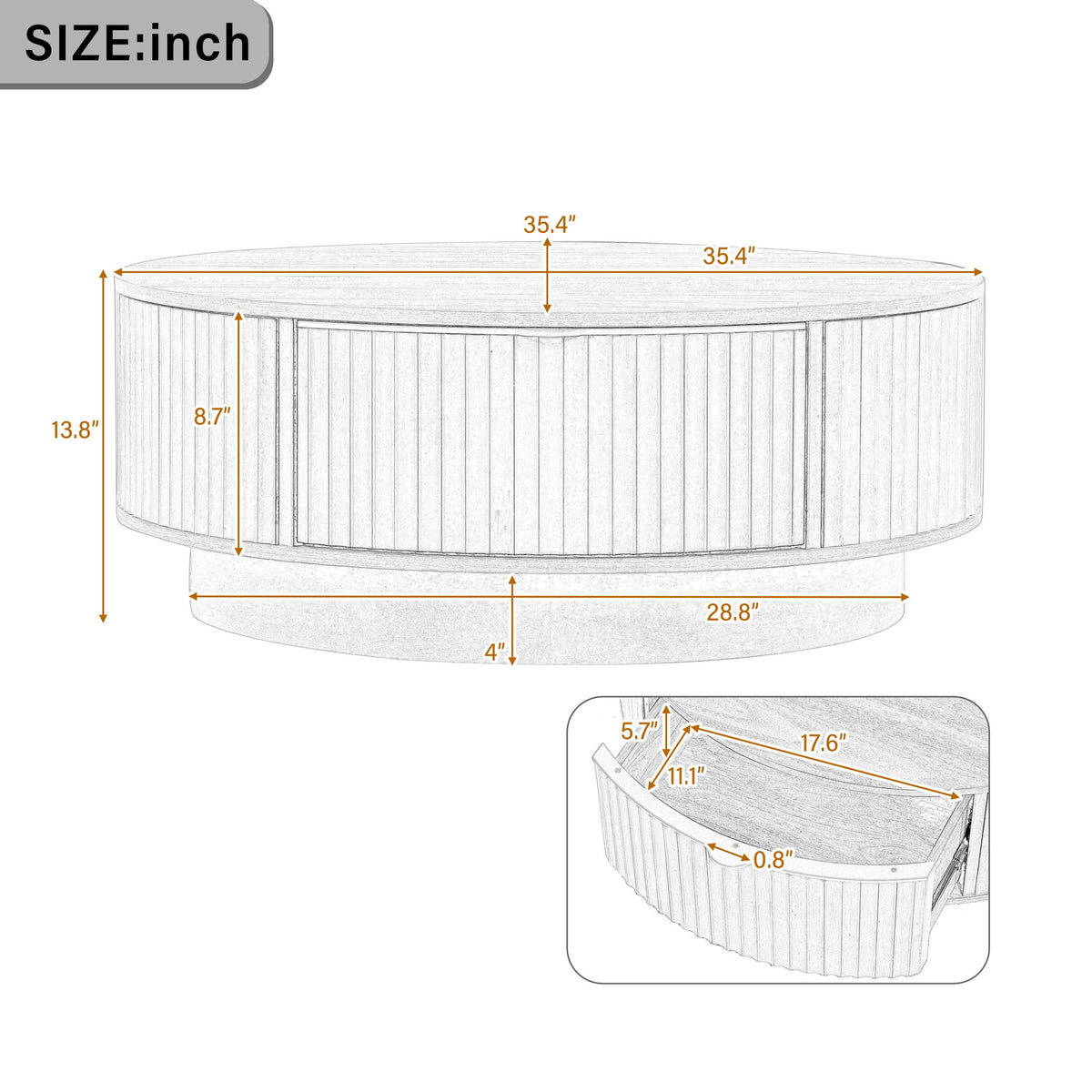 Round coffee table size diagram with labeled width and depth measurements