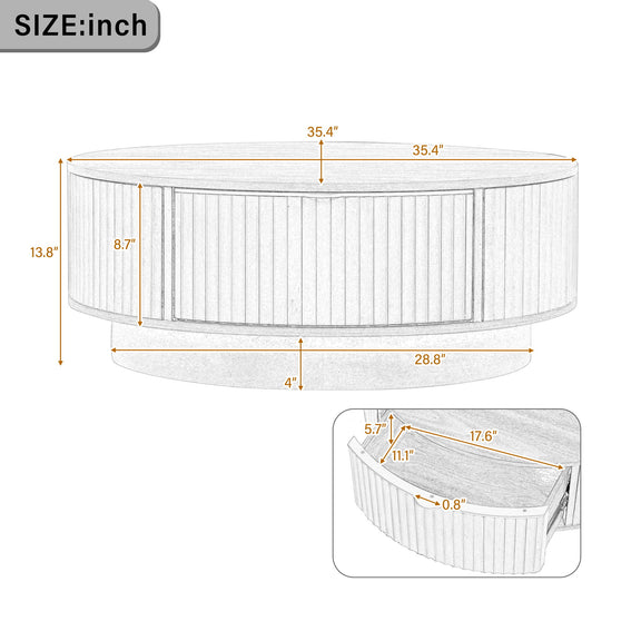 Round coffee table size diagram with labeled width and depth measurements