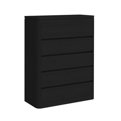 Rosalie accent chest in black, angled view with four drawers and rounded lower panel.