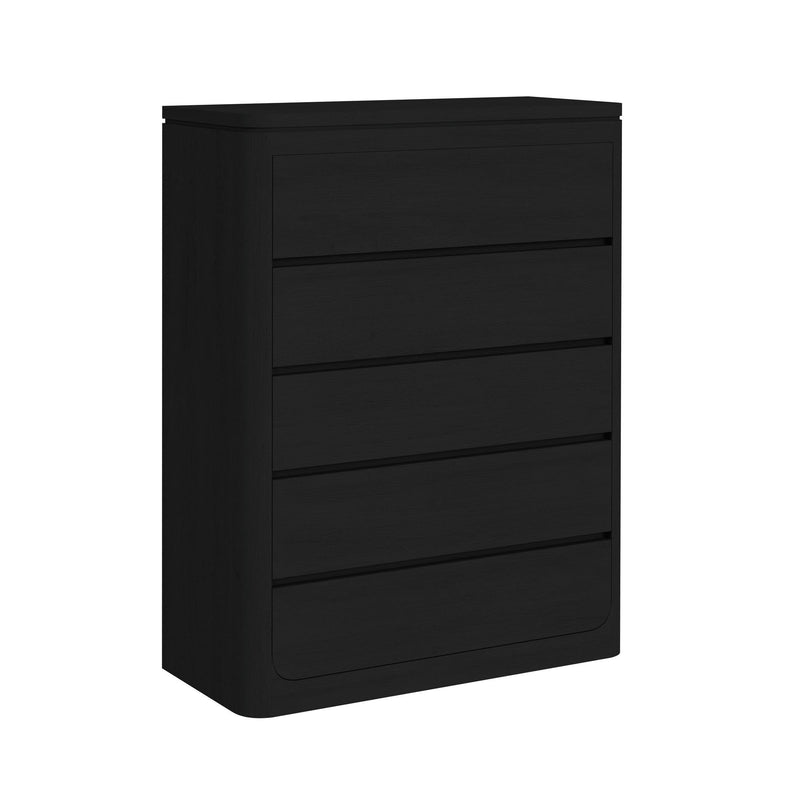 Rosalie accent chest in black, angled view with four drawers and rounded lower panel.
