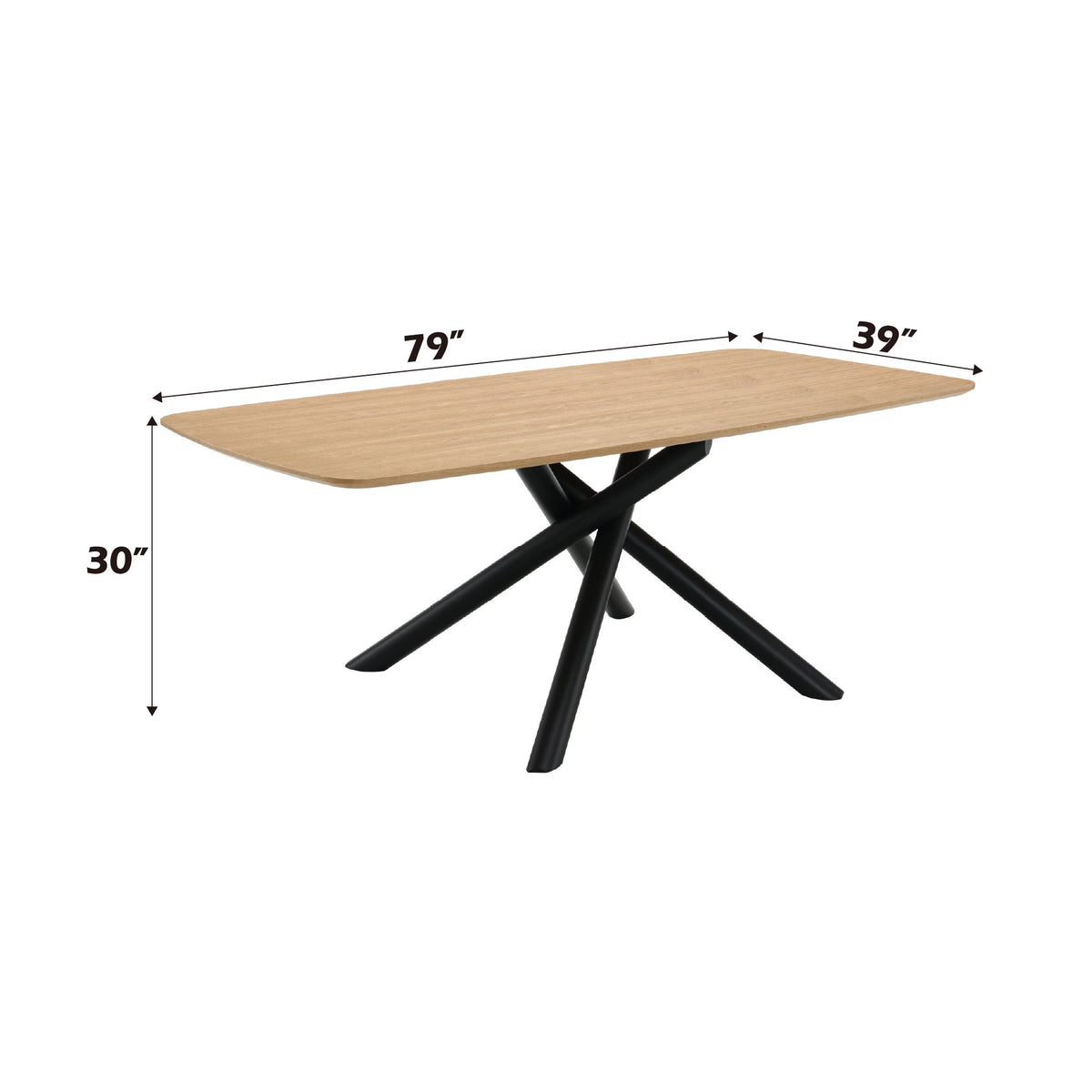 Light wood dining table with black crossed legs, 79 in by 39 in dimensions