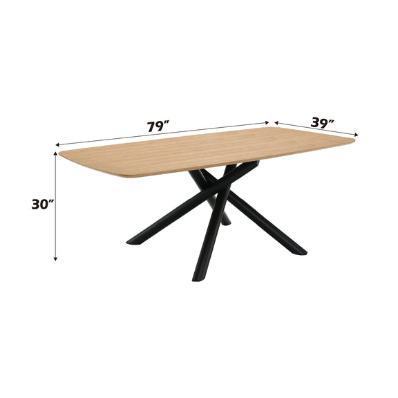 Light wood dining table with black crossed legs, 79 in by 39 in dimensions