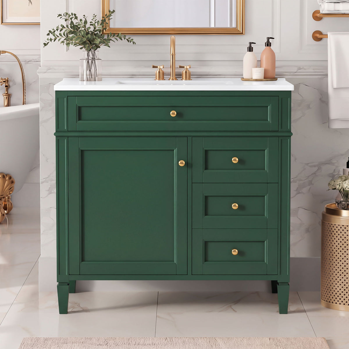 Dark green vanity with white sink, one cabinet door, three drawers and gold-tone knobs