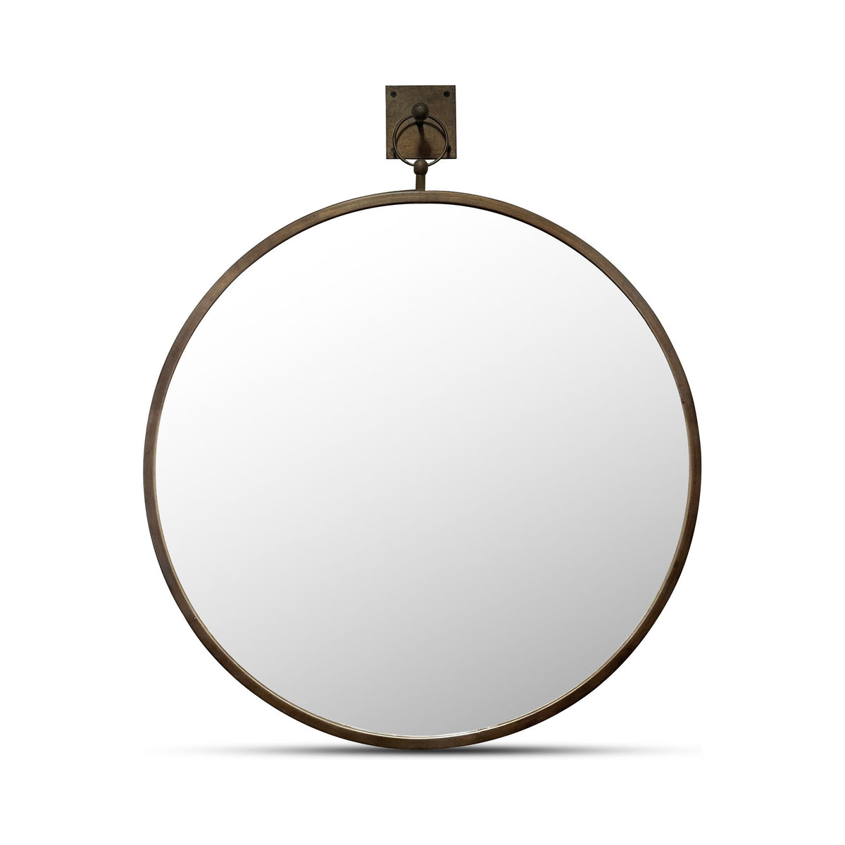 Round wall mirror with aged brass border and central glass reflection