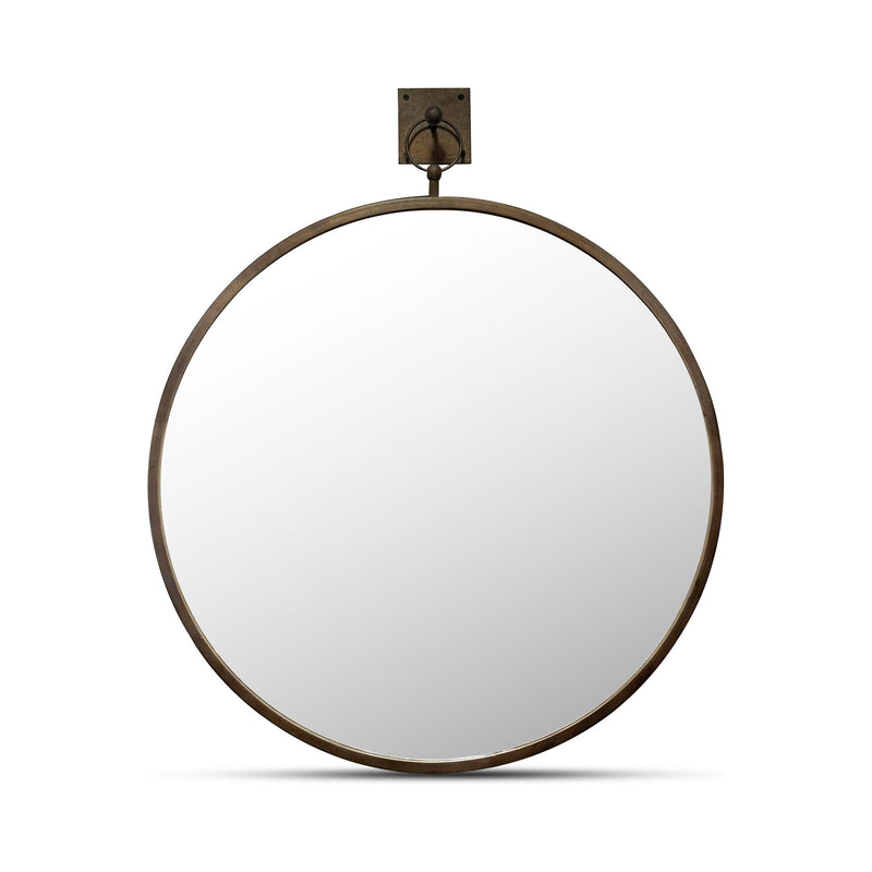 Round wall mirror with aged brass border and central glass reflection