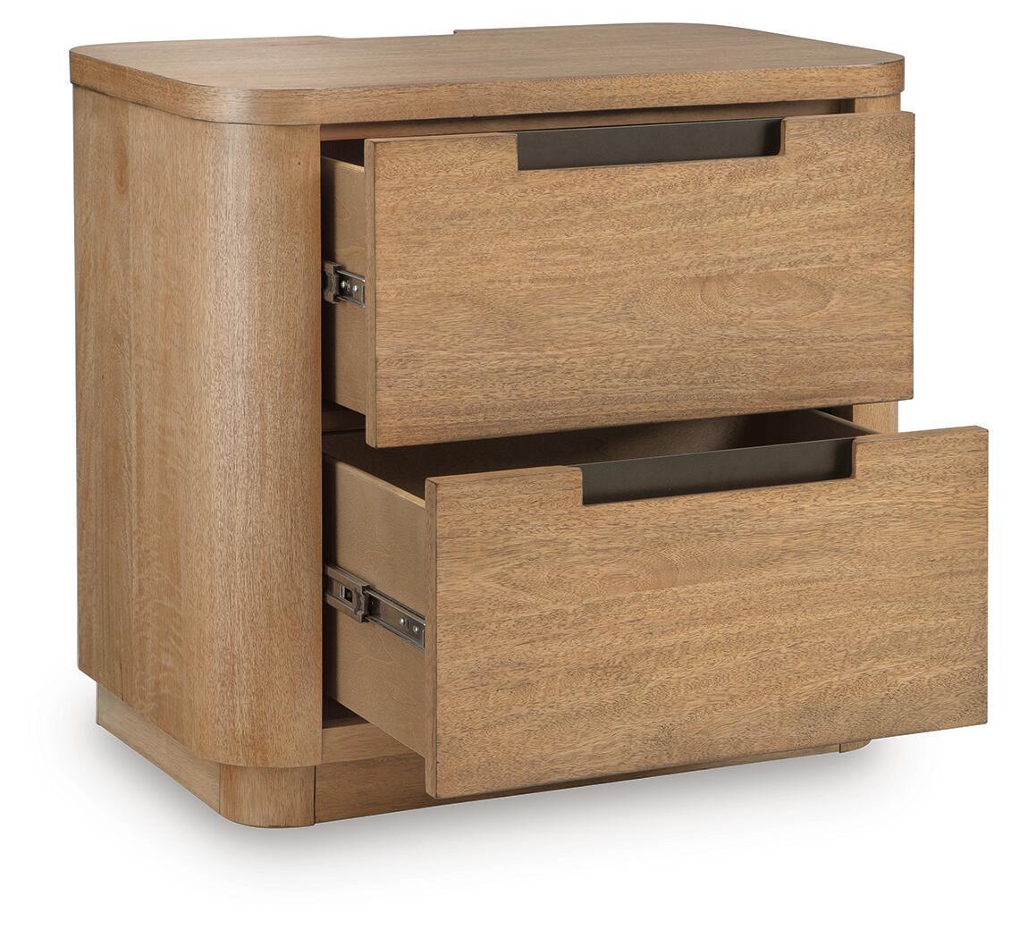 Light brown two-drawer night stand with both drawers open and black pull handles.