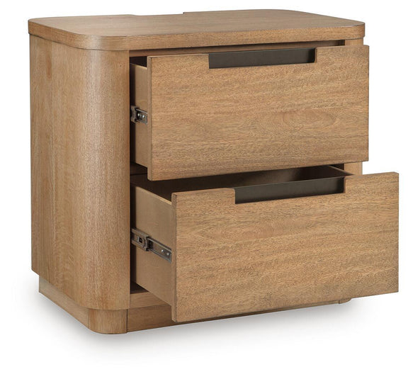 Light brown two-drawer night stand with both drawers open and black pull handles.