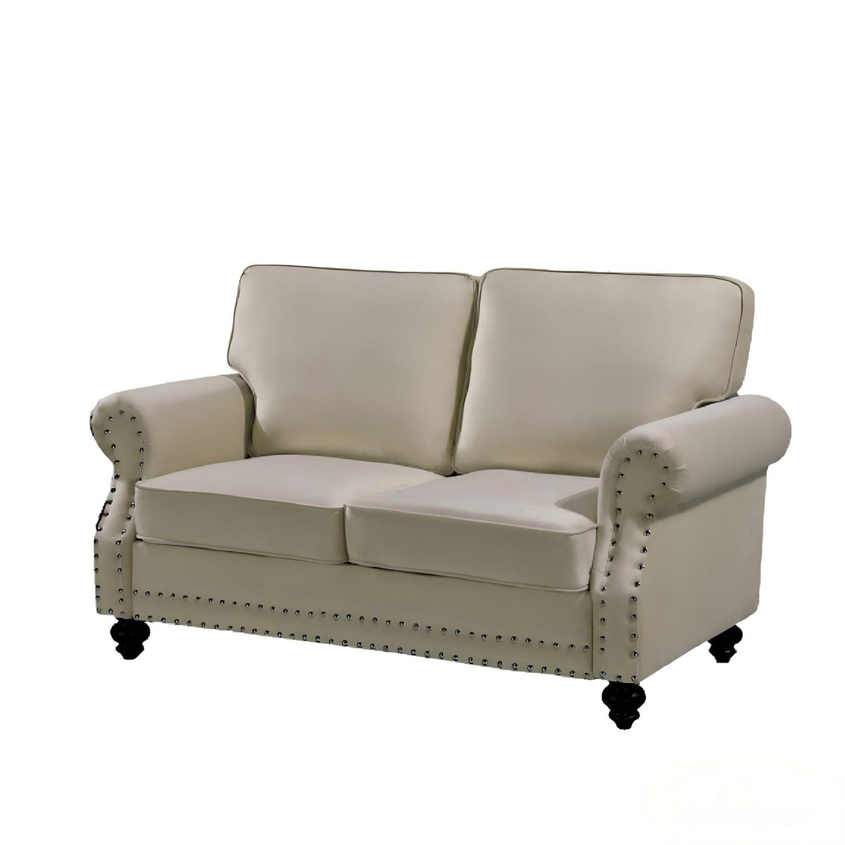 Beige 2-seat loveseat sofa with nailhead trim and turned legs, padded armrests