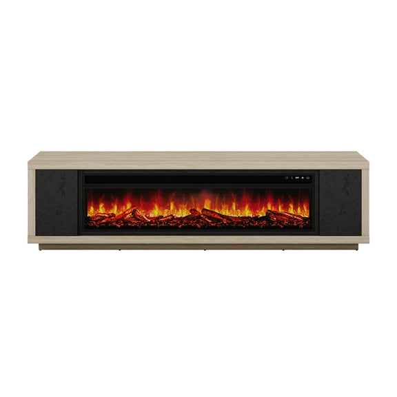 Beige & black fireplace TV stand with electric firebox and long front panel