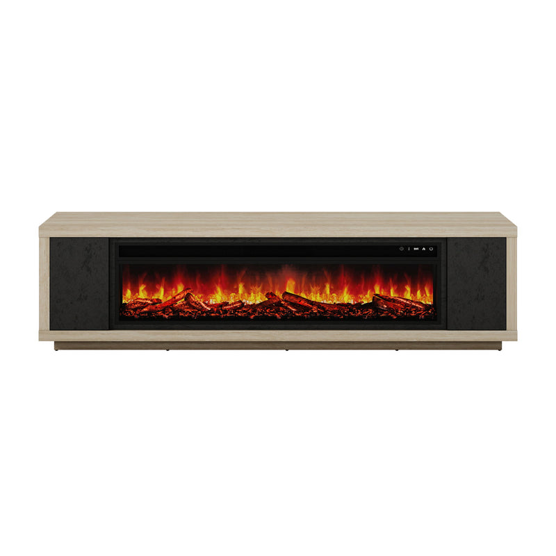 Beige & black fireplace TV stand with electric firebox and long front panel