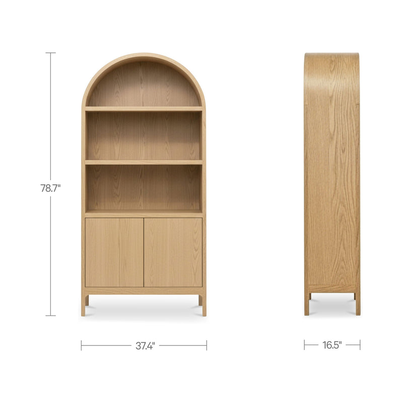Natural wood display cabinet, arched bookcase style with two-door base, side view