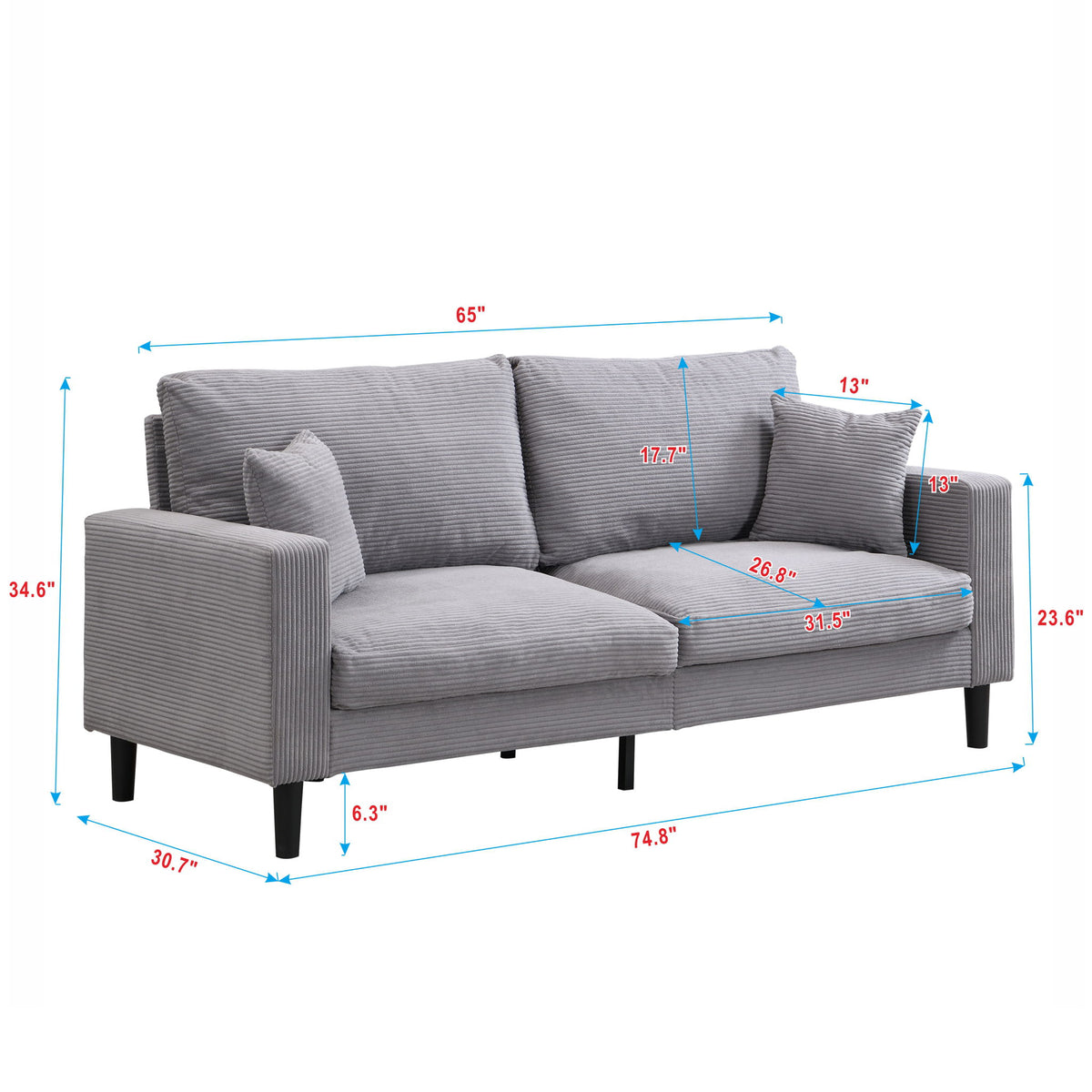 Gray three-seater sofa with box arms, three seat cushions, and bolster pillows (with size marks)