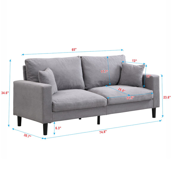 Gray three-seater sofa with box arms, three seat cushions, and bolster pillows (with size marks)