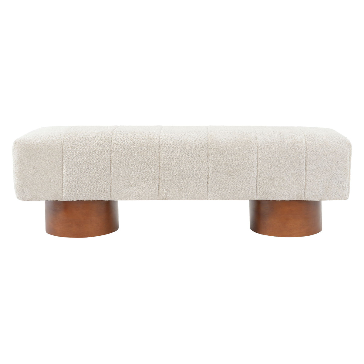 Beige upholstered dining bench with tufted cushion and rounded wooden legs