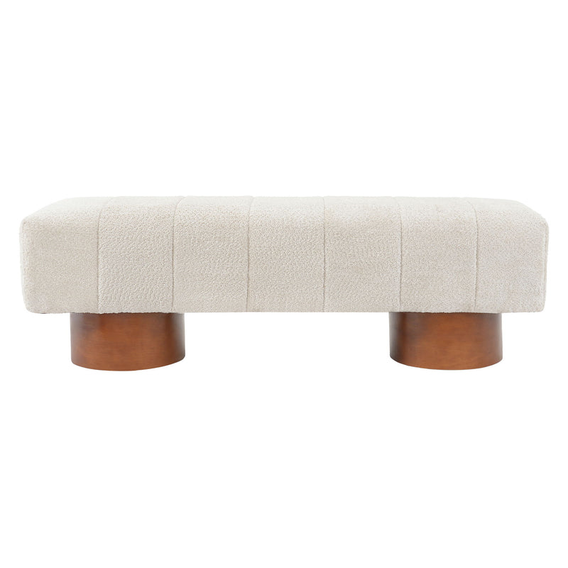 Beige upholstered dining bench with tufted cushion and rounded wooden legs