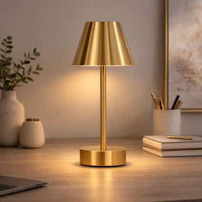 Gold rechargeable LED table lamp with touch switch, ribbed metal shade and round base