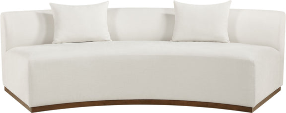 104-inch chenille upholstered sofa in white fabric with three back cushions and dark base.