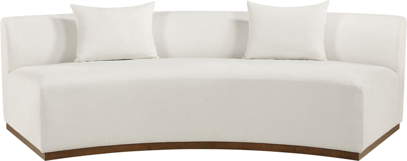 104-inch chenille upholstered sofa in white fabric with three back cushions and dark base.