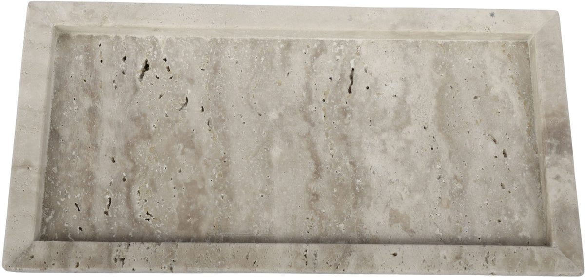 Beige travertine tray with raised rim and mottled stone veining pattern