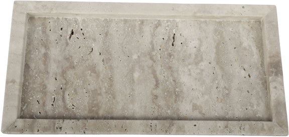 Beige travertine tray with raised rim and mottled stone veining pattern