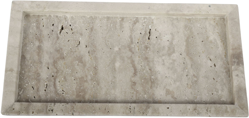 Beige travertine tray with raised rim and mottled stone veining pattern