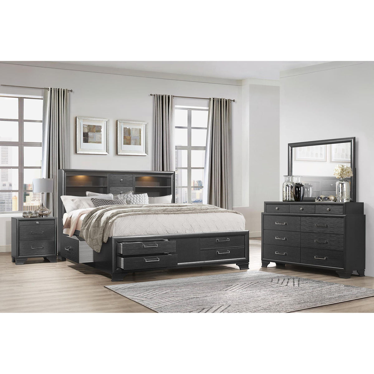 Dark gray framed rectangle mirror in bedroom setting