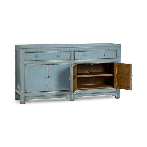 Coastal blue cabinet with two top drawers and open side doors showing storage interior