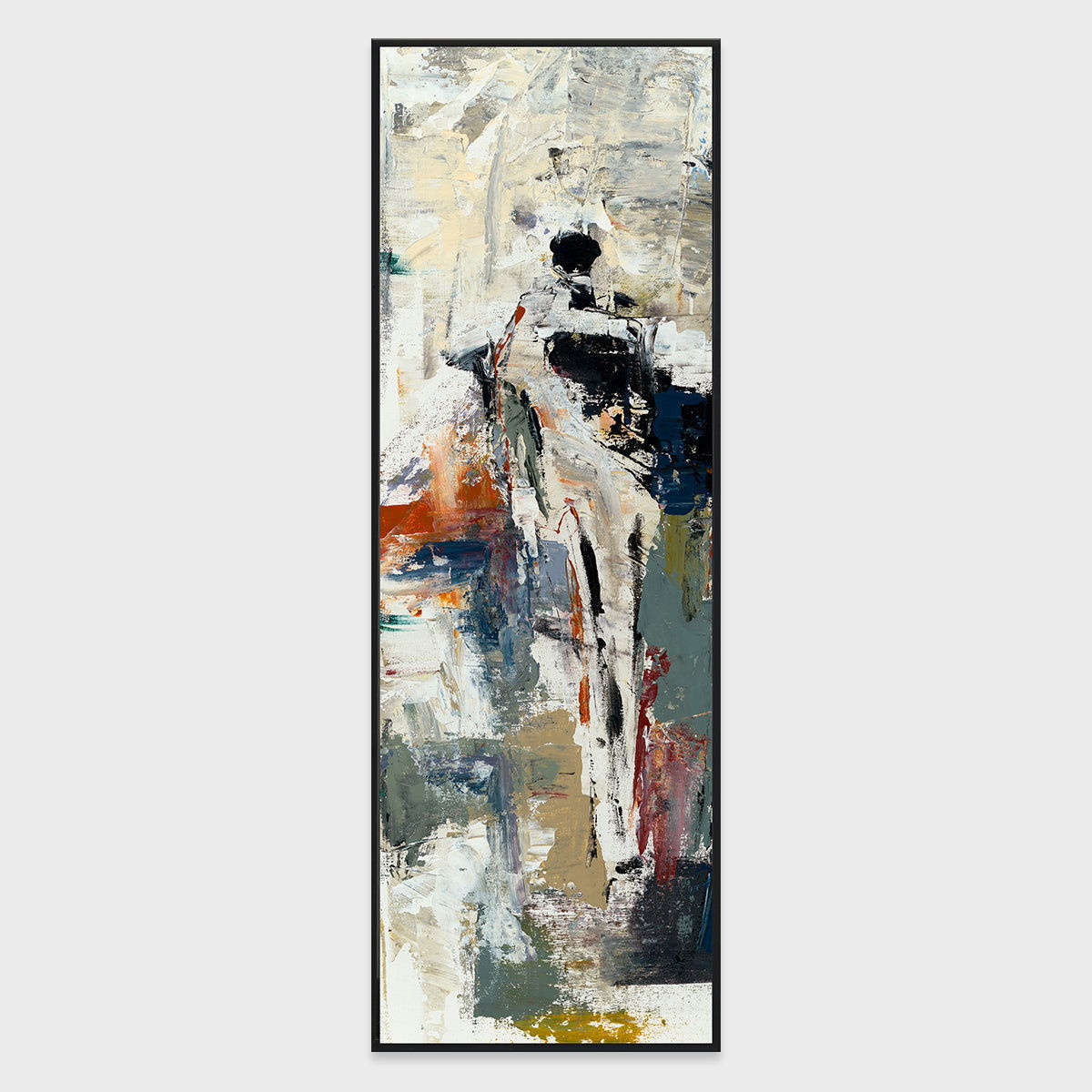 Framed abstract wall painting with beige, blue, black, and rust brushstrokes