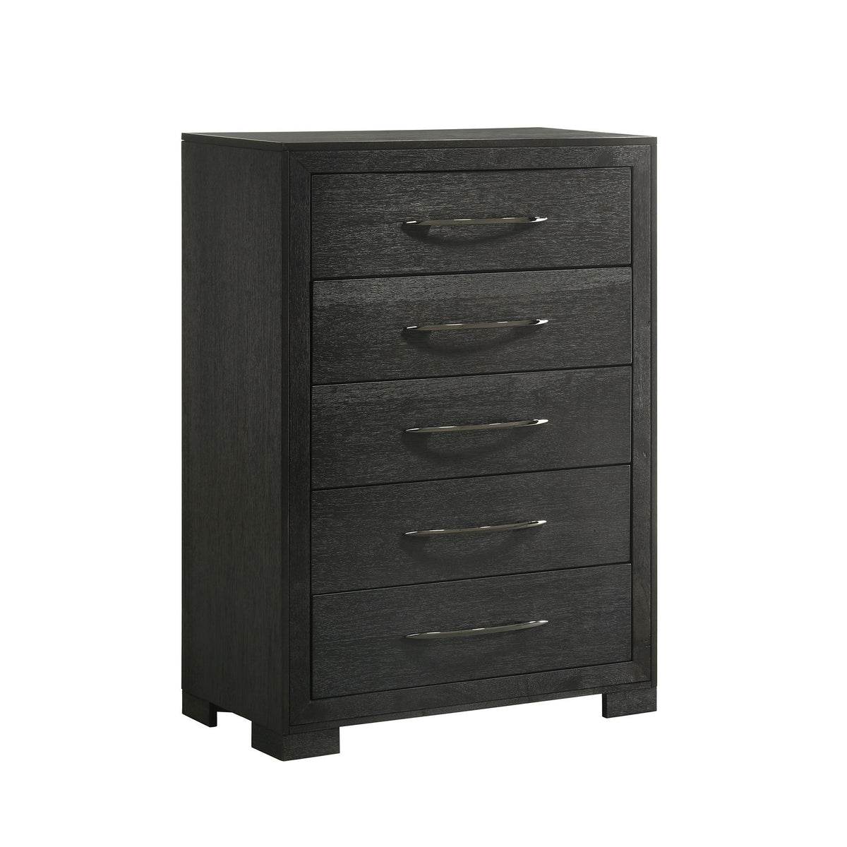 Black dresser with five drawers and metal bar pulls, panel front design.