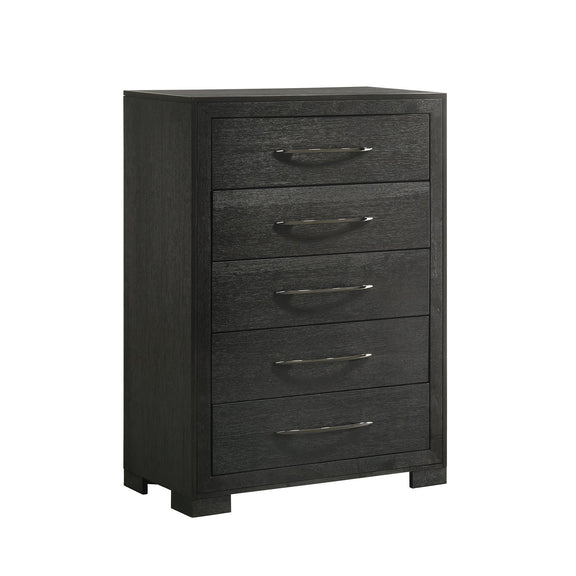 Black dresser with five drawers and metal bar pulls, panel front design.
