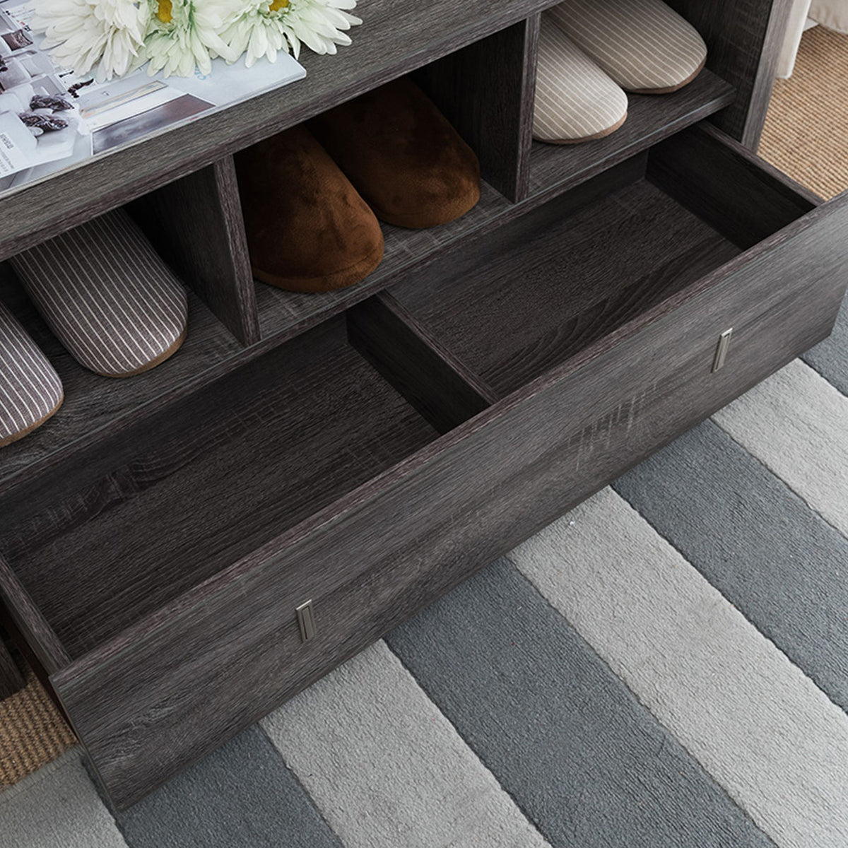 Shoe Entry Bench With Three Shelves, One Drawer With Divided Compartment