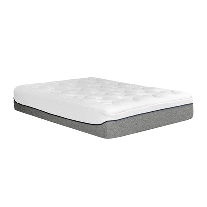 Gel memory foam mattress with white quilted top and gray sides, medium plush.