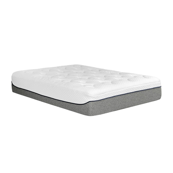 Gel memory foam mattress with white quilted top and gray sides, medium plush.