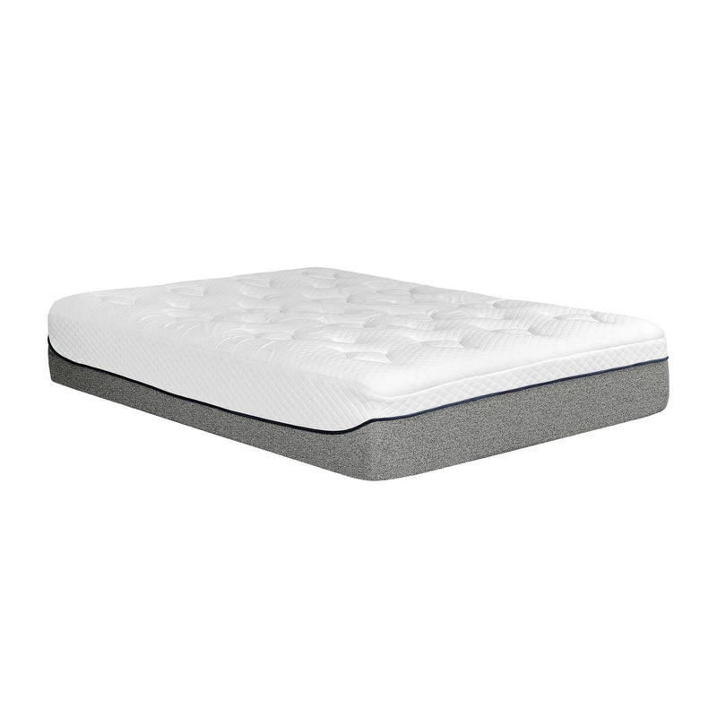 Gel memory foam mattress with white quilted top and gray sides, medium plush.