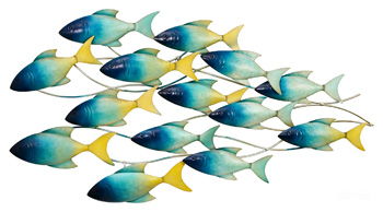 Leaf-shaped wall decor with blue, teal, and yellow cutouts