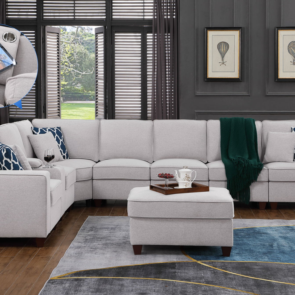 Jessica - Sectional Sofa With Ottoman - Light Gray